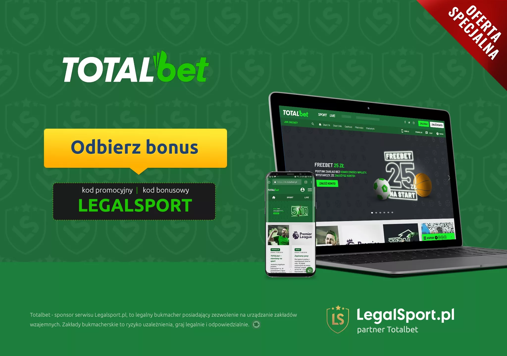 Grafika przedstawiająca stronę internetową TOTALbet na telefon i komputer czy tablet + kod promocyjny LEGALSPORT