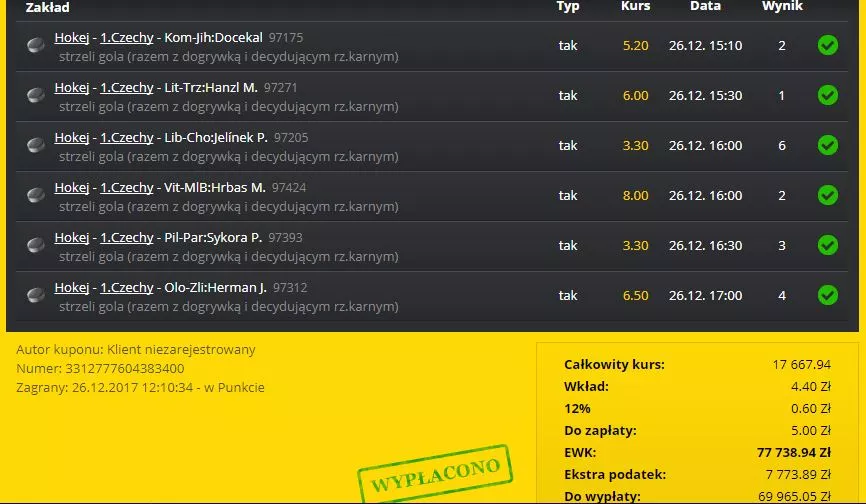 screen zwycięskiego kuponu - wygrane w zakładach bukmacherskich - fortuna zakłady bukmacherskie