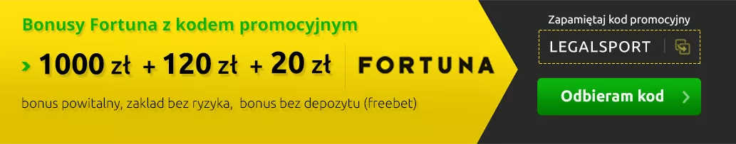 Baner z maksymalnymi bonusami na start w Fortuna Online z kodem promocyjnym, który brzmi LEGALSPORT