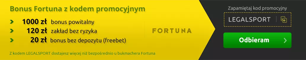 Baner z kwotami bonusów za aktywację kodu promocyjnego do Fortuny > LEGALSPORT