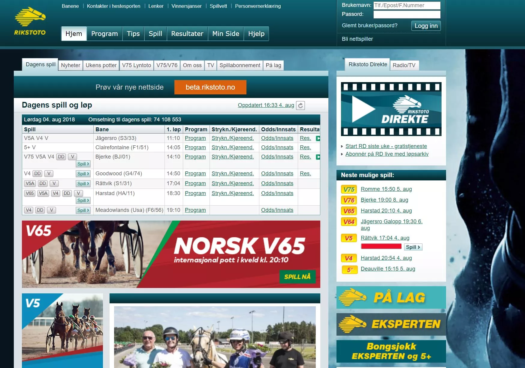 Witryna internetowa legalnego norweskiego bukmachera Rikstoto