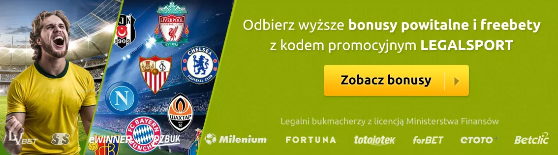 Baner z informacją o bonusach na start z kodem promocyjnym > LEGALSPORT lub LEGALSPORTPL (Betclic)