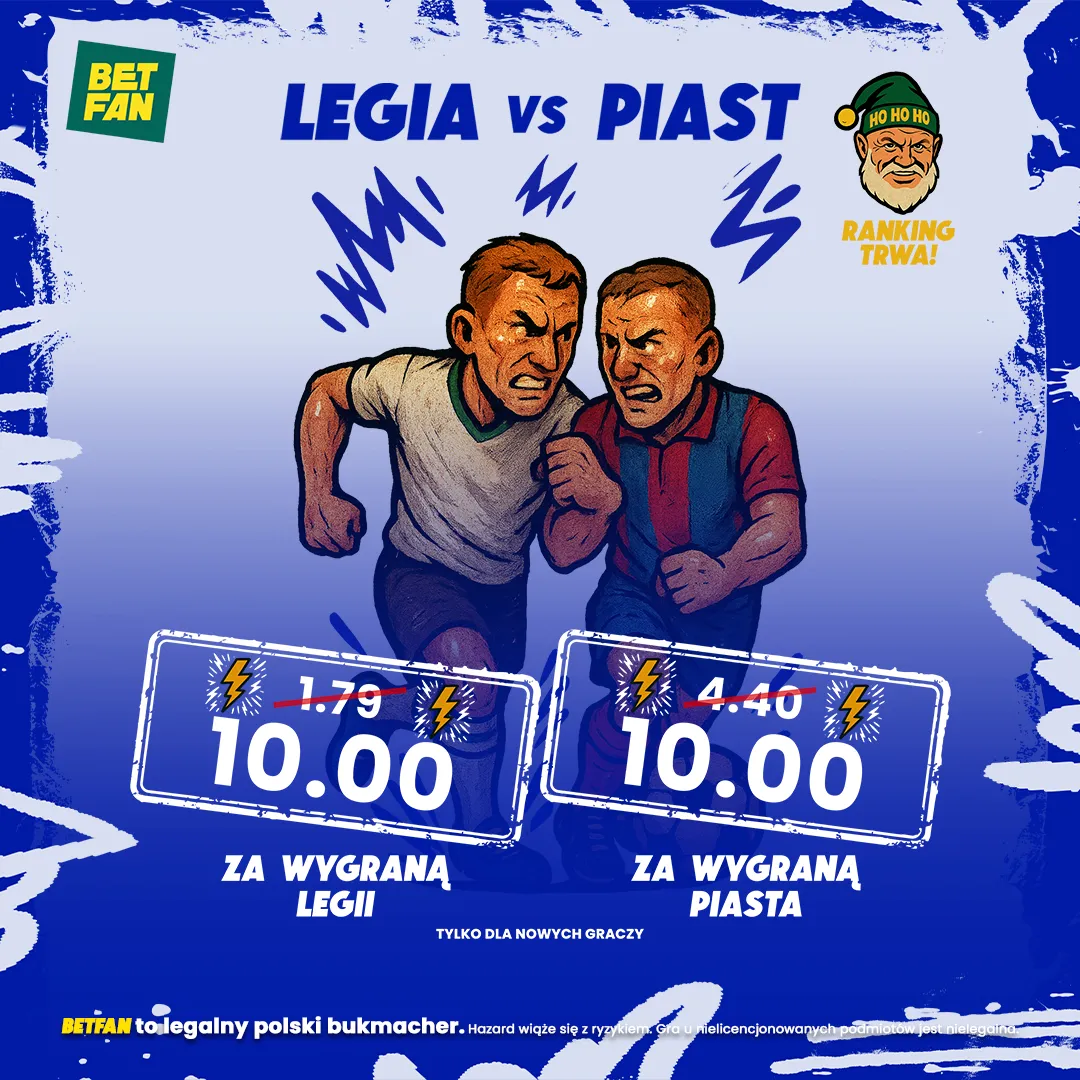 Kurs 10.0 na wygraną Legii Warszawa i Piasta Gliwice od BETFAN
