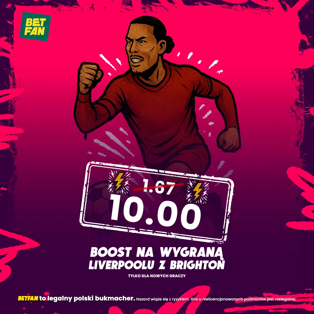 Kurs 10.0 na wygraną Liverpoolu z Brighton od BETFAN