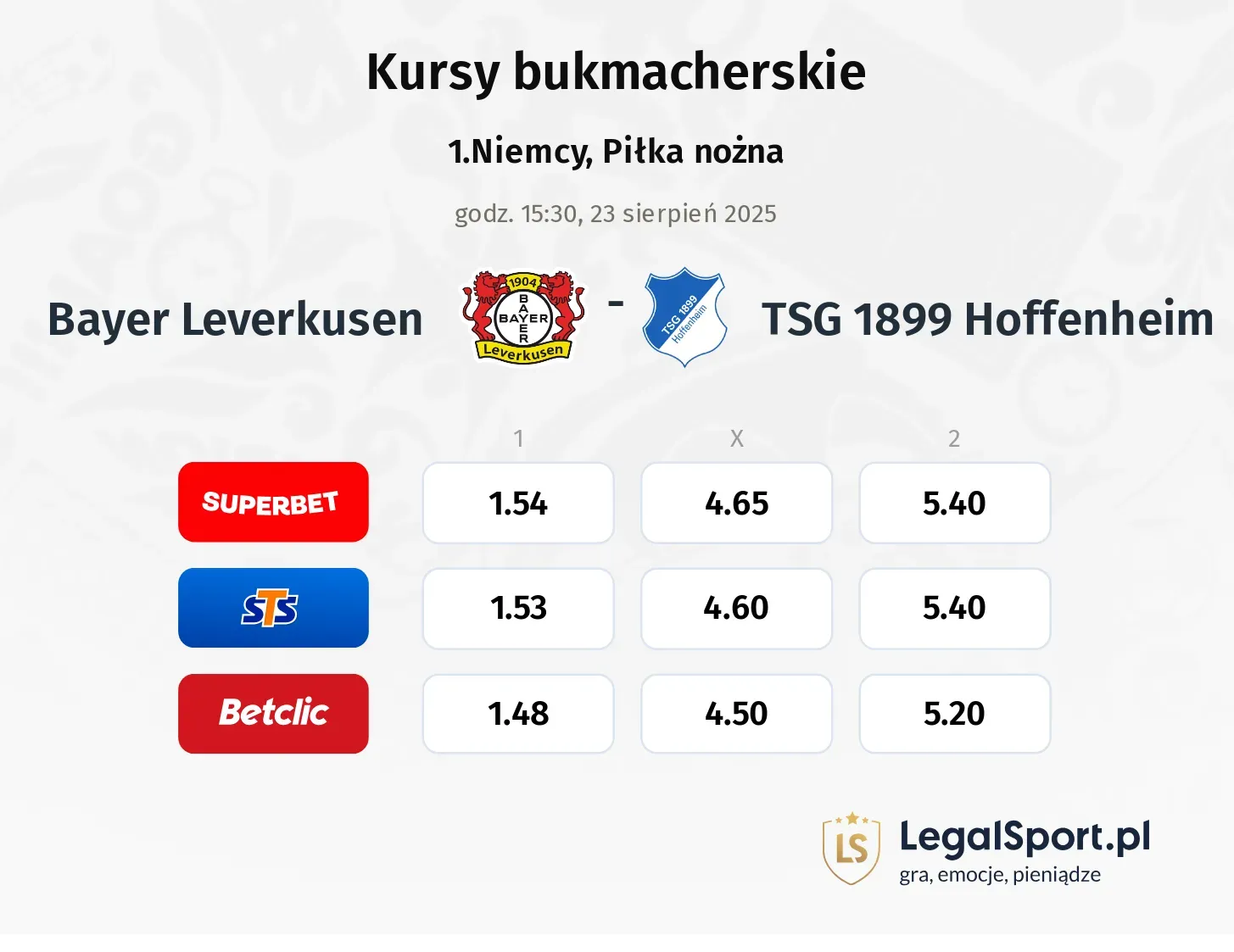 Kursy Bayer Leverkusen - TSG 1899 Hoffenheim