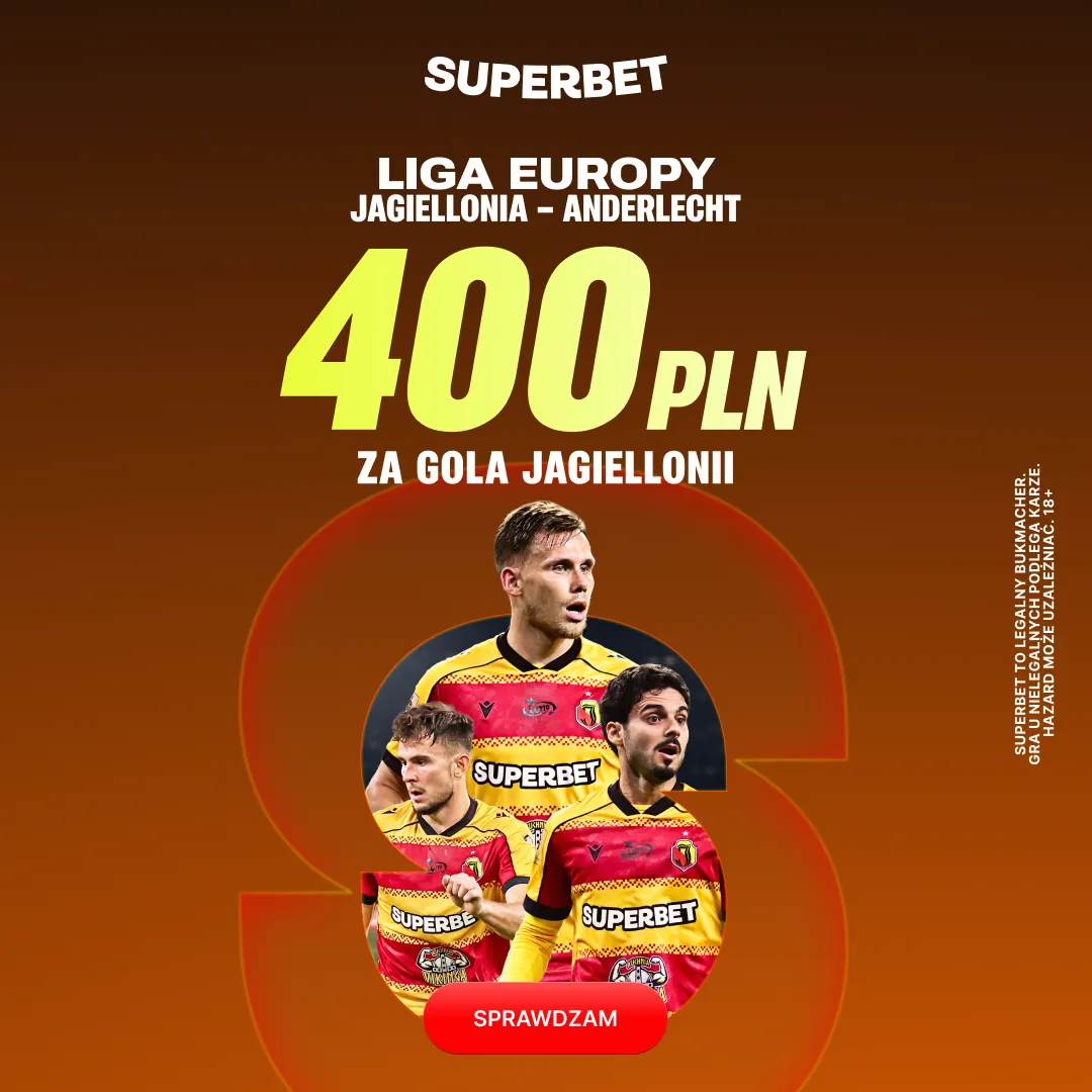 400 zł za gola Jagiellonii Białystok w meczu z Anderlechtem - promocja Superbet