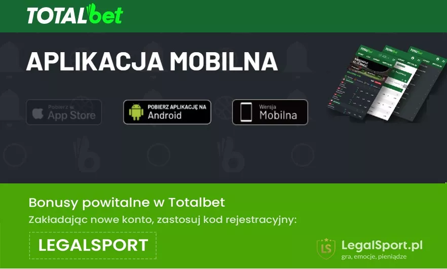 Totalbet aplikacja mobilna na telefon lub tablet. Na aplikacji działają bonusy z naszym kodem promocyjnym