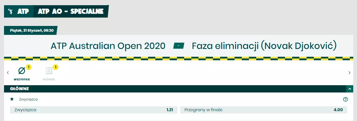 Kursy na Australian Open - zwycięstwo Djokovica 1.22