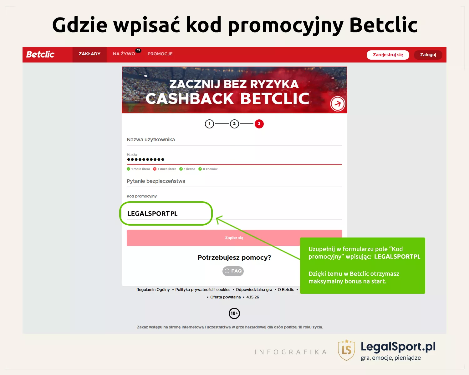 Rejestracja Betclic Polska z kodem promocyjnym VIP - infografika gdzie wpisać kod