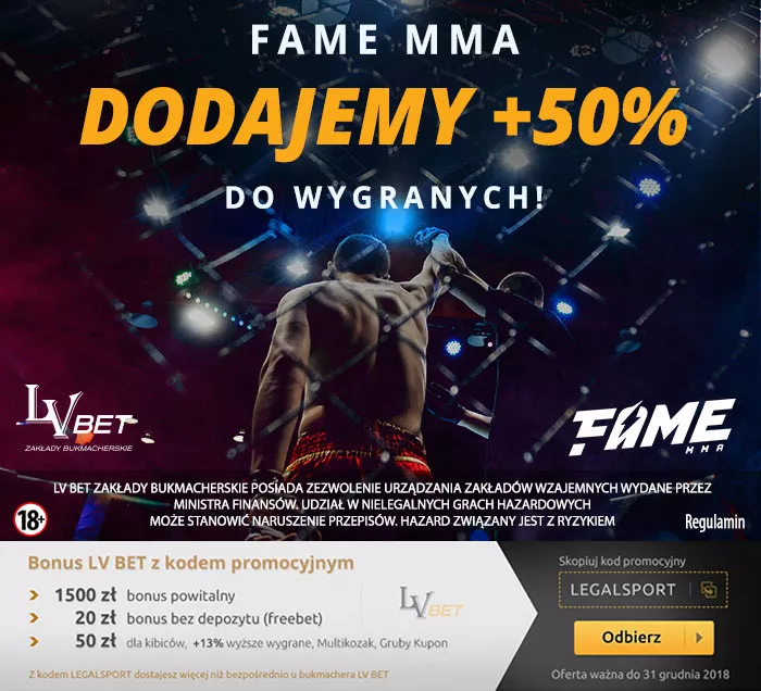Baner z informacją o bonusie na FAME MMA z kodem promocyjnym max lvbet > LEGALSPORT