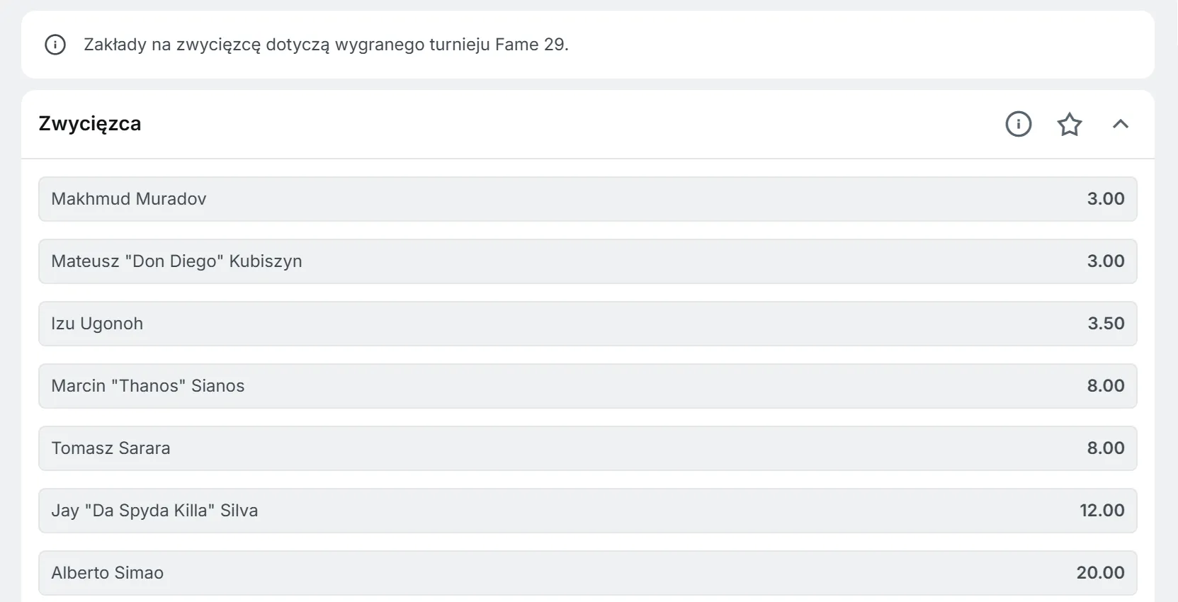 Zakłady na zwycięstwo w turnieju FAME MMA 29