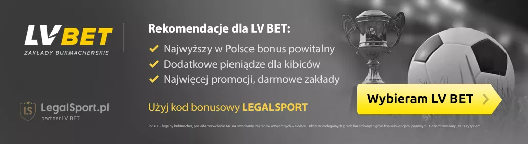 Baner z zaletami legalnego polskiego bukmachera LVBET + info o aktywnym kodzie bonusowym >>> LEGALSPORT