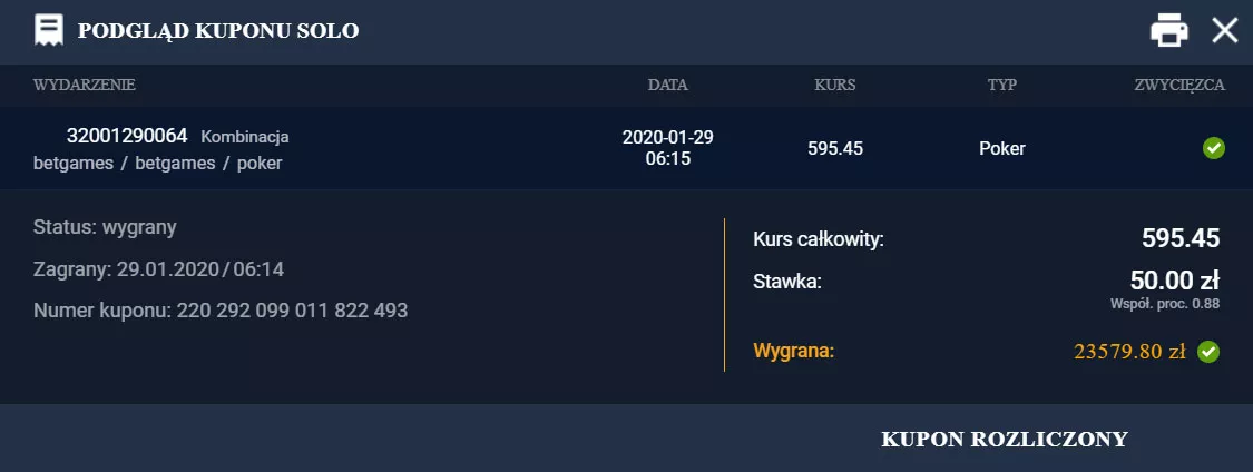 Wygrany kupon STS na BetGames. Zakłady bukmacherskie za bonus z kodem.