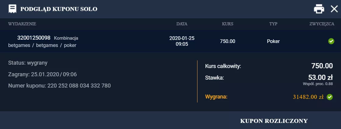 Wygrany kupon bukmacherski z zakładów na BETGAMES w sts.pl