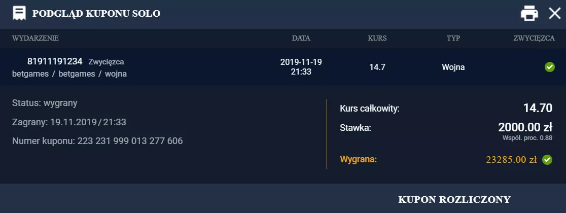 Wygrana ok 23 000 zł w BetGames - zakłady bukmacherskie na wojnę