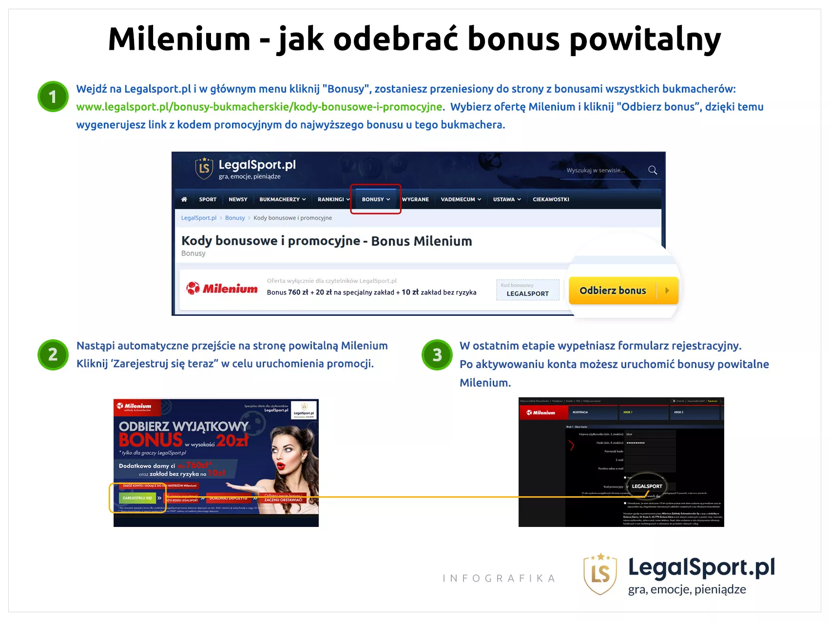 Instrukcja pokazująca, jak założyć nowe konto klienta w Milenium z kodem promocyjnym
