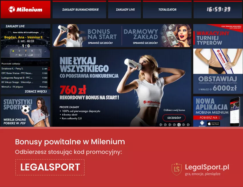 Strona www i informacja, że Milenium akceptuje kod promocyjny LEGALSPORT