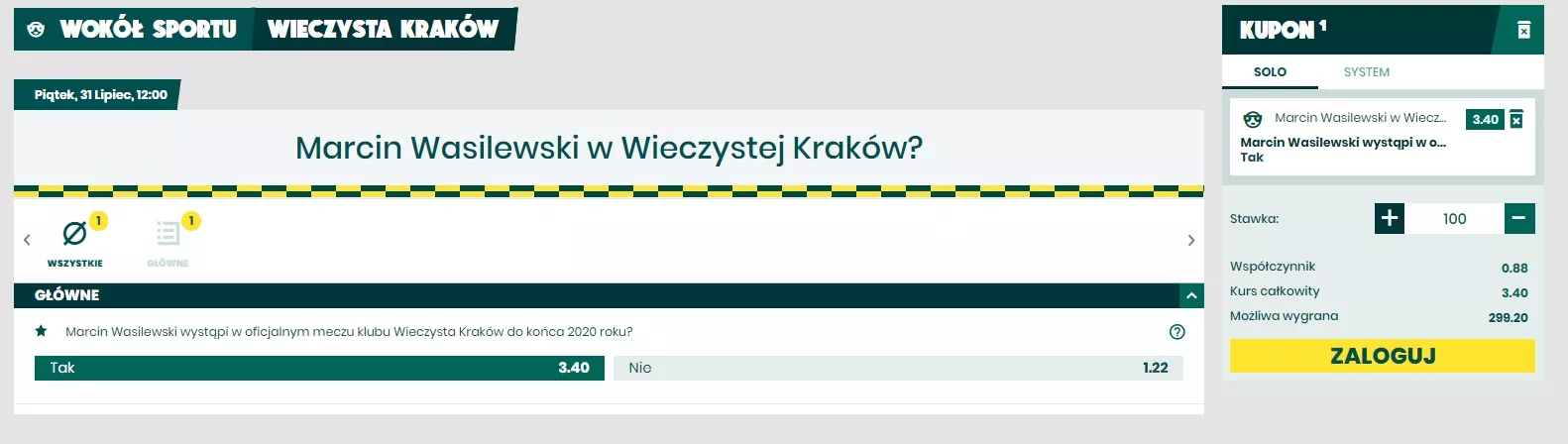 Oferta zakładów na transfer Wasilewskiego do Wieczystej