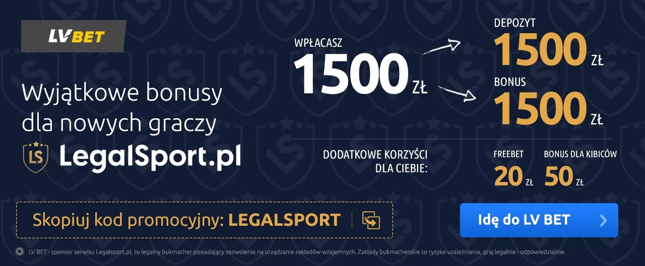 Baner z informacją o bonusie na start z kodem promocyjnym w LVBET Polska Zakłady Bukmacherskie