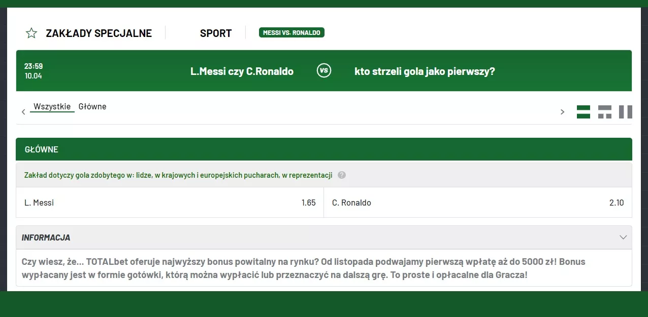 Zakłady bukmacherskie w wersji długoterminowej w Totalbet. Messi vs Ronaldo - kto pierwszy strzeli gola?