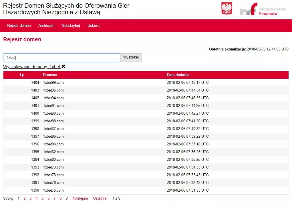 screen rejestru domen zakazanych - Rekordy bukmachera 1xbet w rejestrze MF