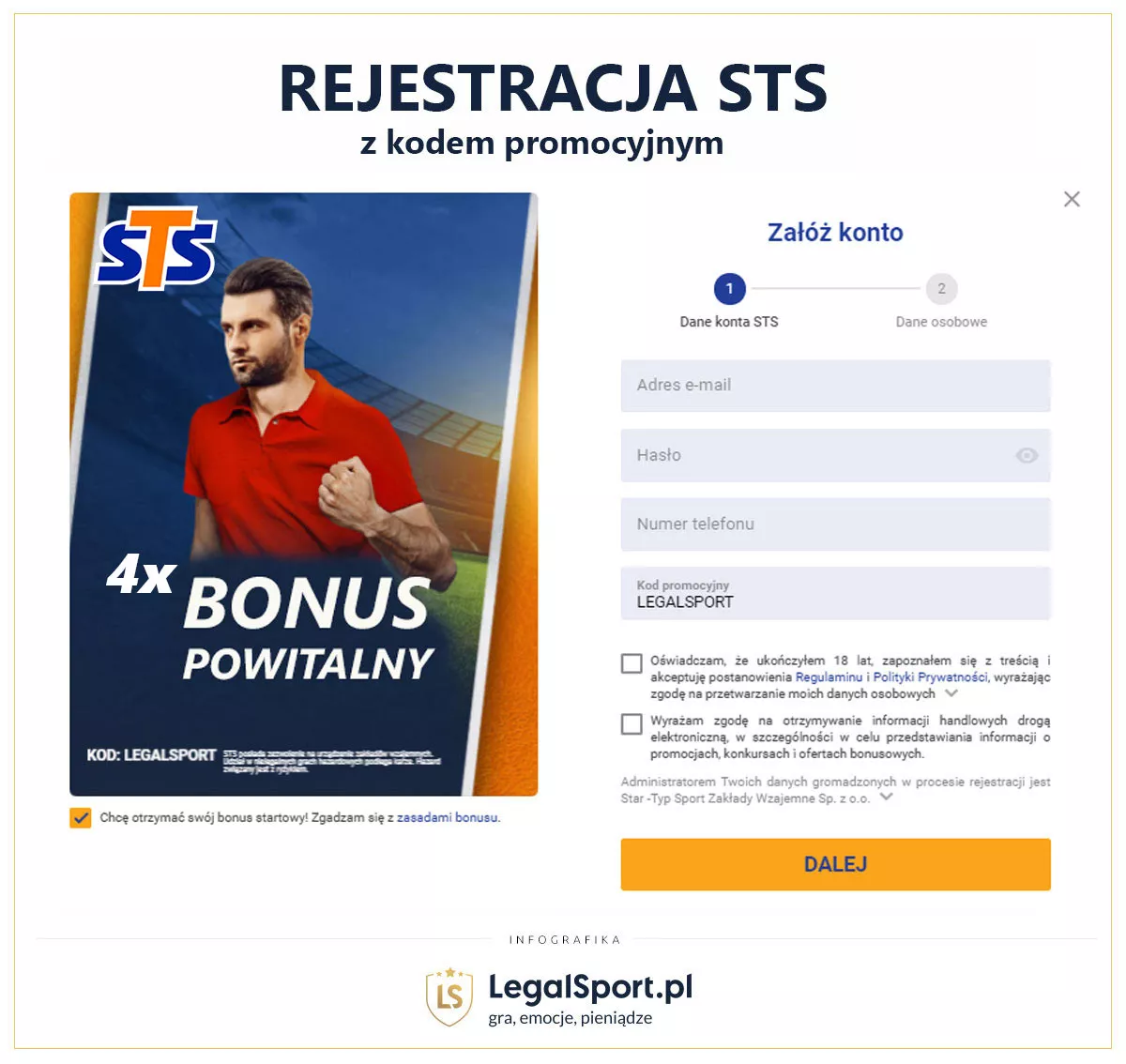 Rejestracja profilu do obstawiania w STS z kodem promocyjnym LEGALSPORT