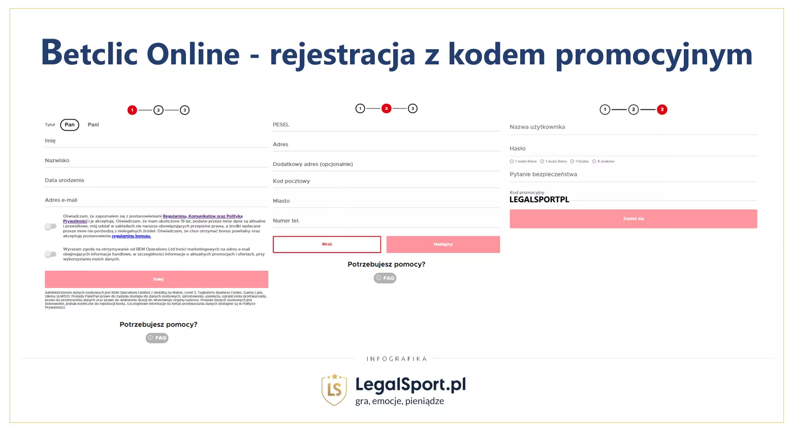 Jak się zarejestrować w Betclic Polska z kodem polecającym - infografika