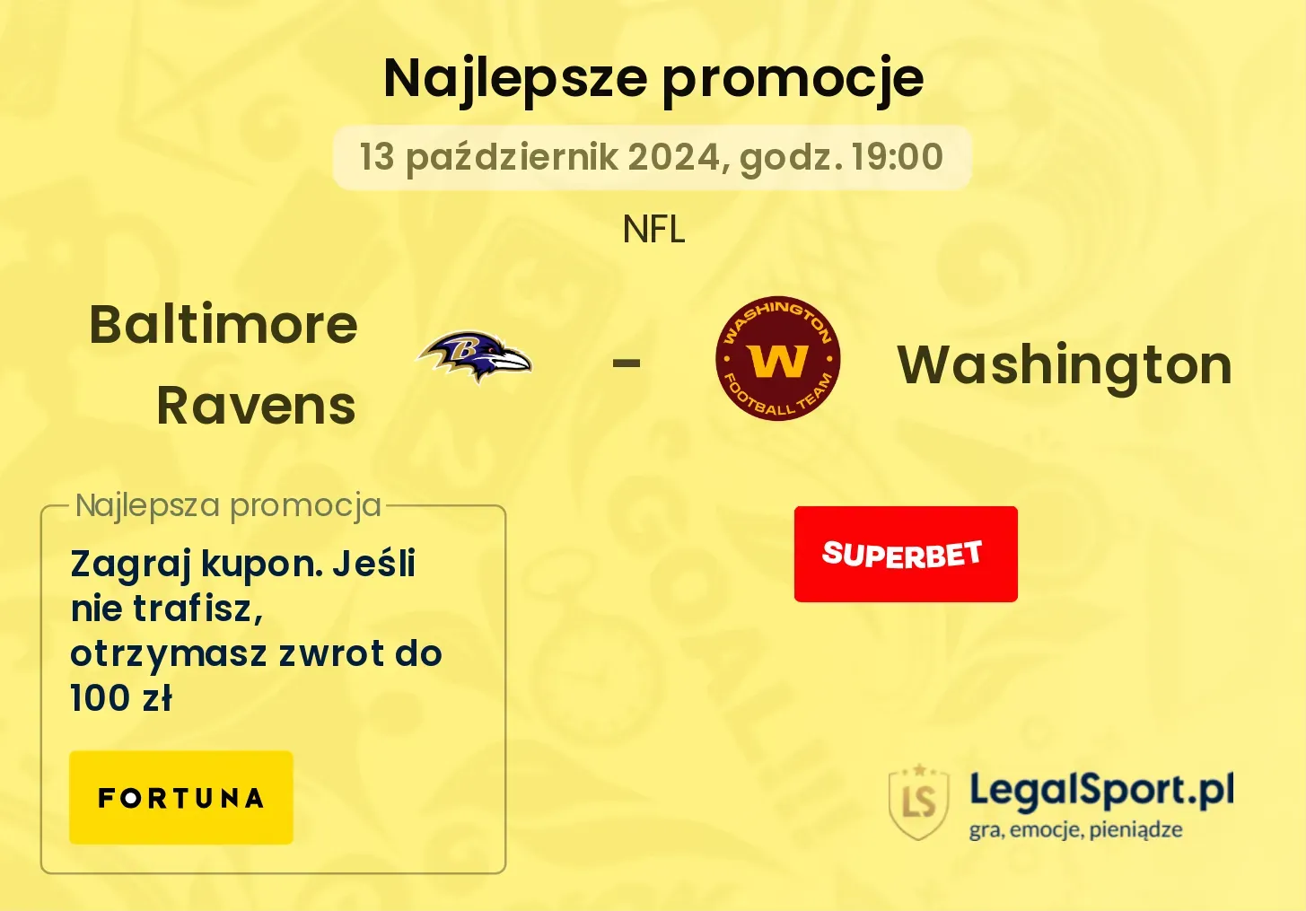 Baltimore Ravens - Washington promocje bukmacherskie 13.10, 19:00