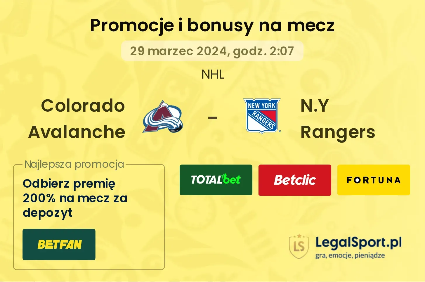 Colorado Avalanche - N.Y Rangers promocje i bonusy (29.03, 02:07)