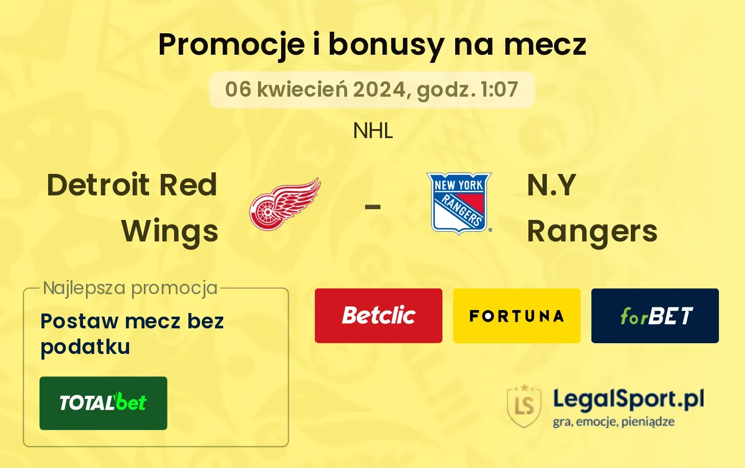 Detroit Red Wings - N.Y Rangers promocje bonusy na mecz