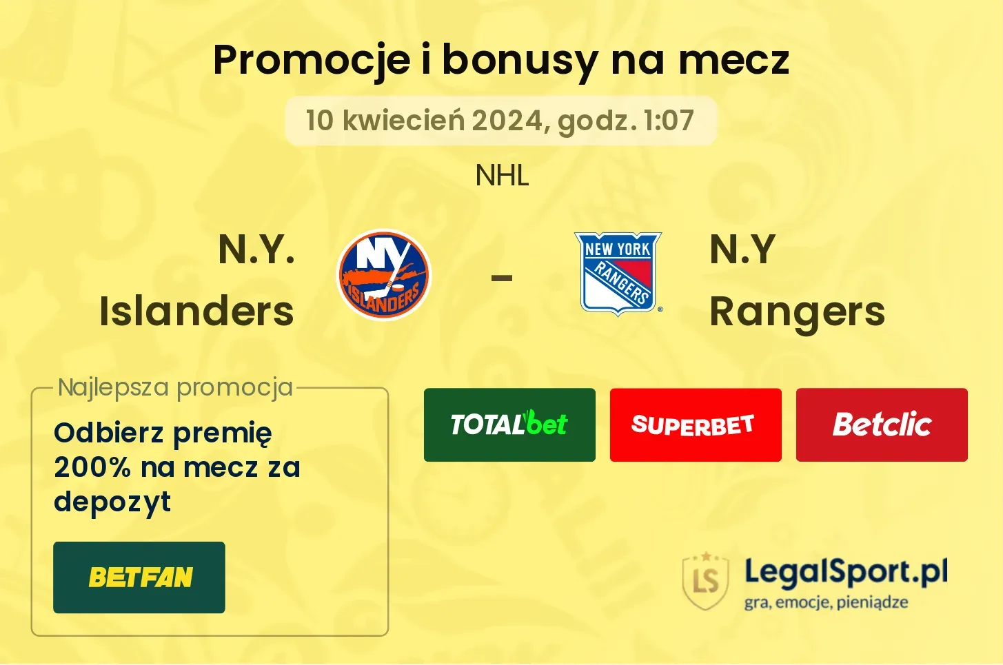 N.Y. Islanders - N.Y Rangers promocje bonusy na mecz