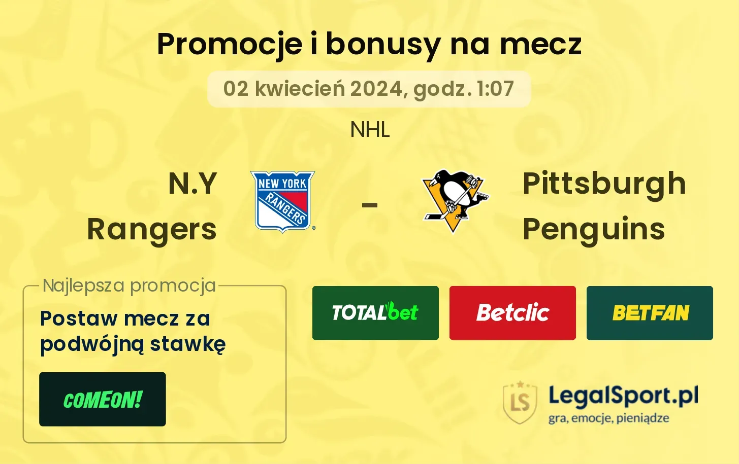 N.Y Rangers - Pittsburgh Penguins promocje bonusy na mecz