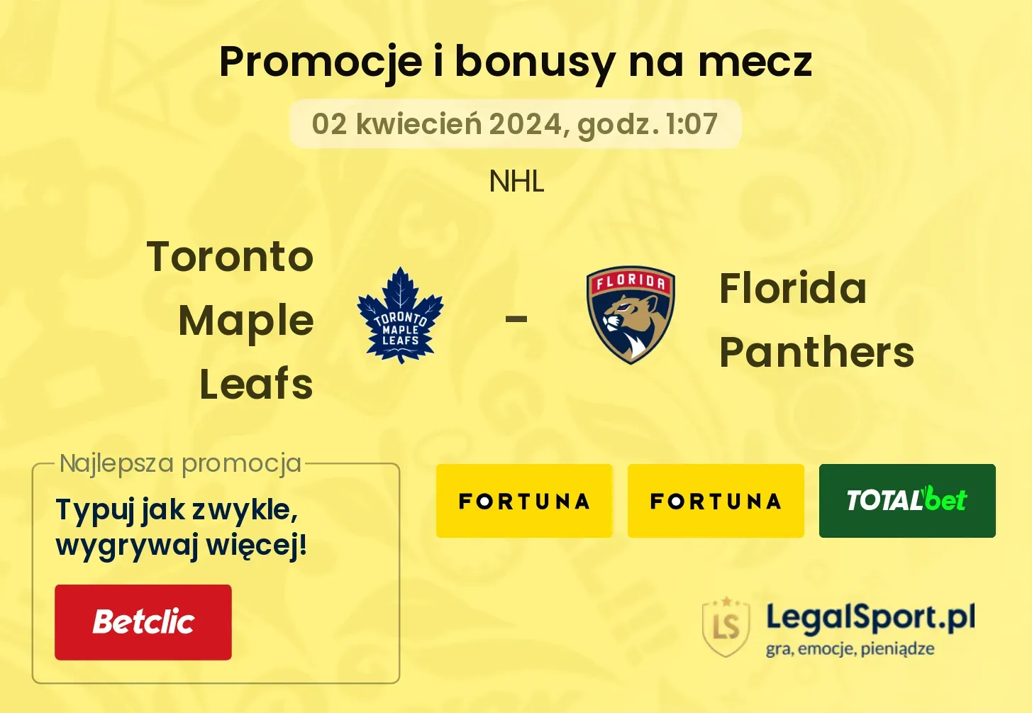 Toronto Maple Leafs - Florida Panthers promocje bonusy na mecz