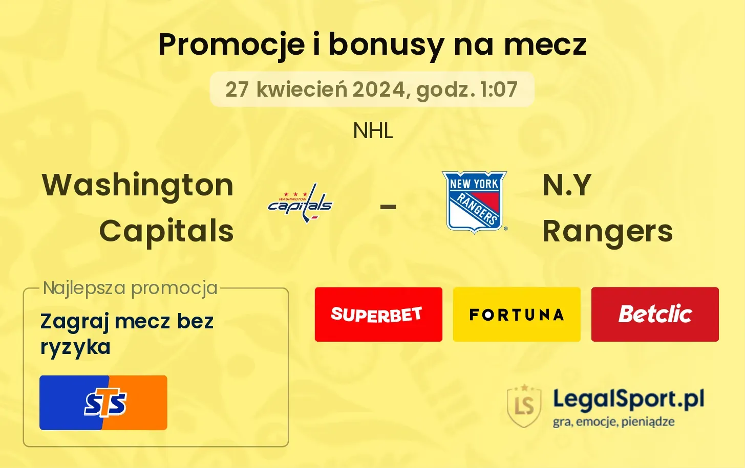 Washington Capitals - N.Y Rangers promocje i bonusy (27.04, 01:07)