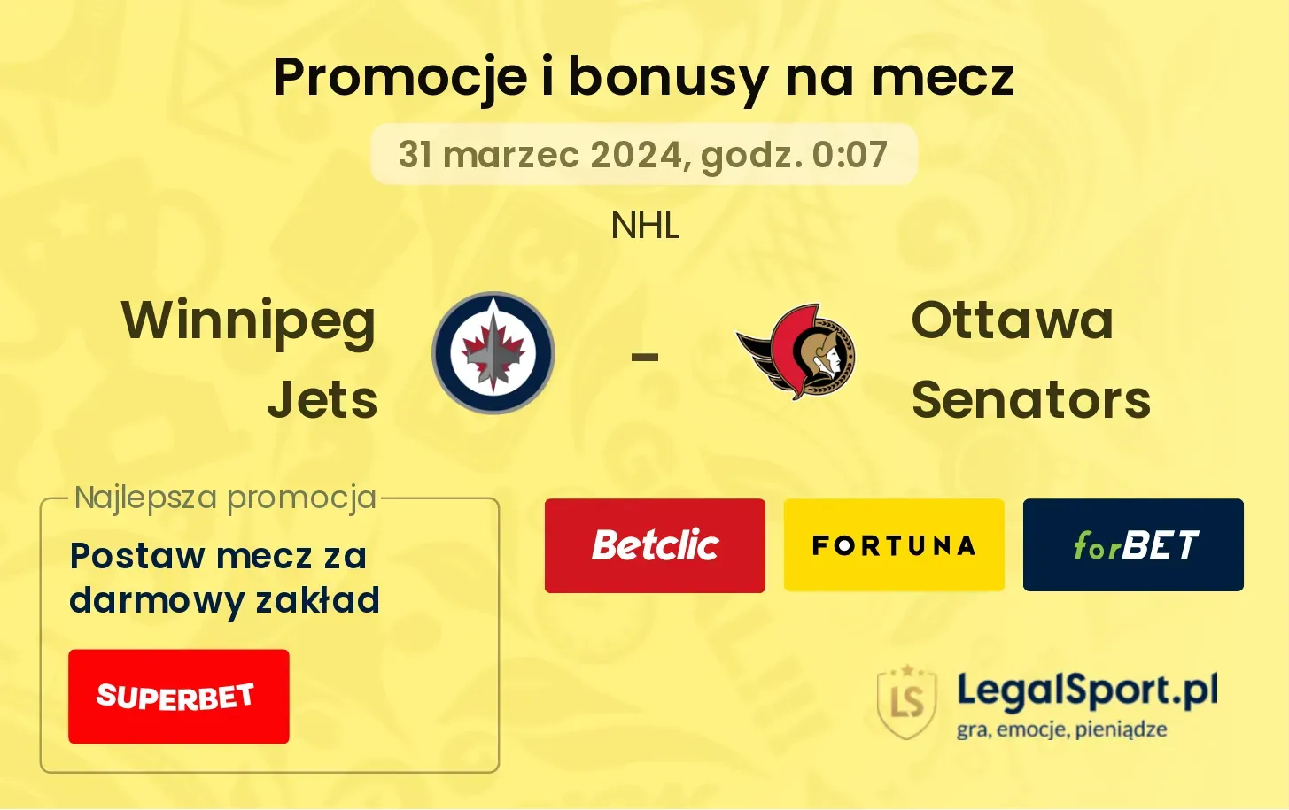 Winnipeg Jets - Ottawa Senators promocje bonusy na mecz