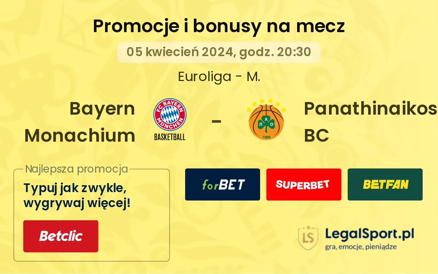 Bayern Monachium - Panathinaikos BC promocje bonusy na mecz