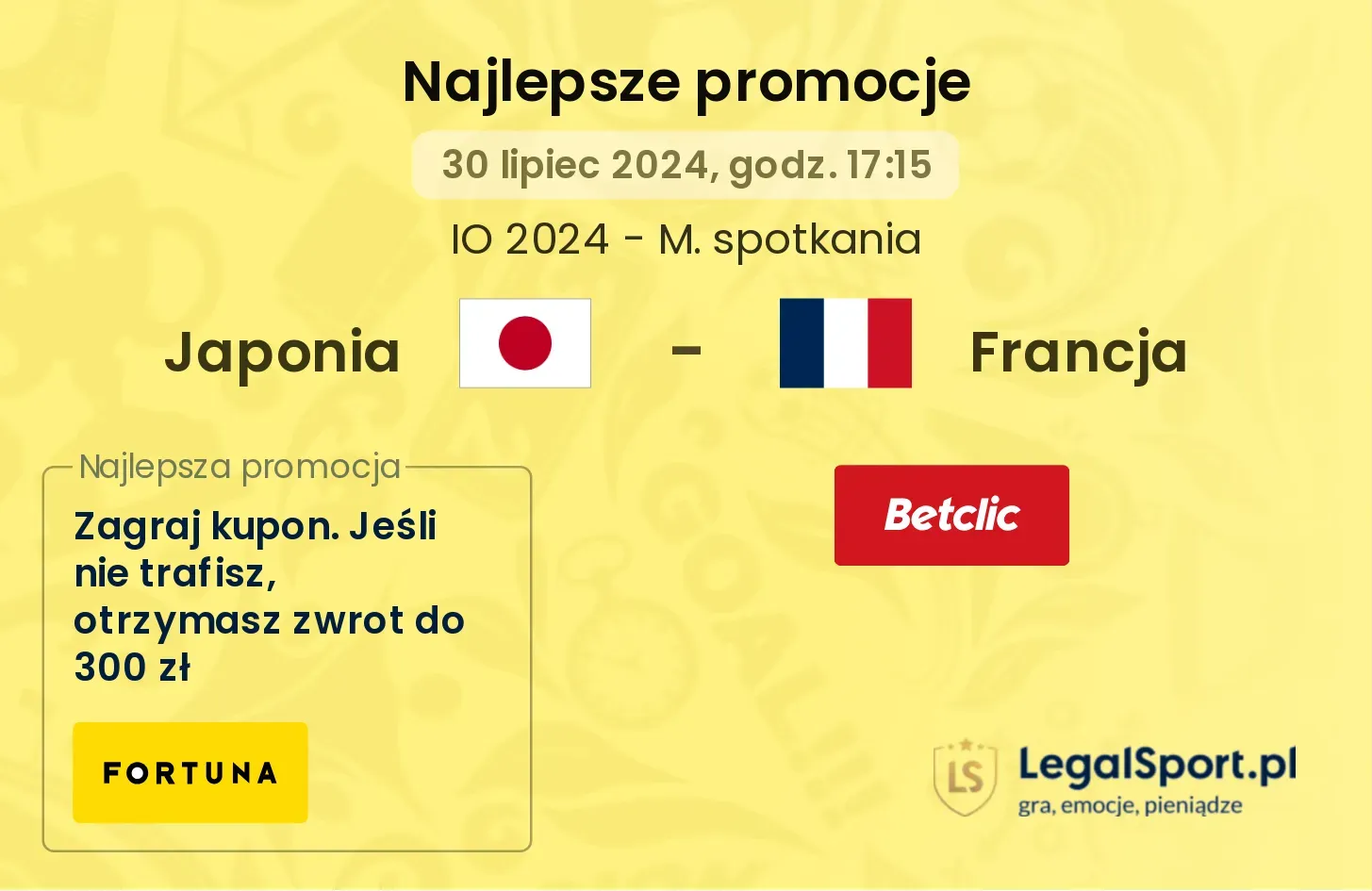 Japonia - Francja promocje bukmacherskie (30.07, 17:15)