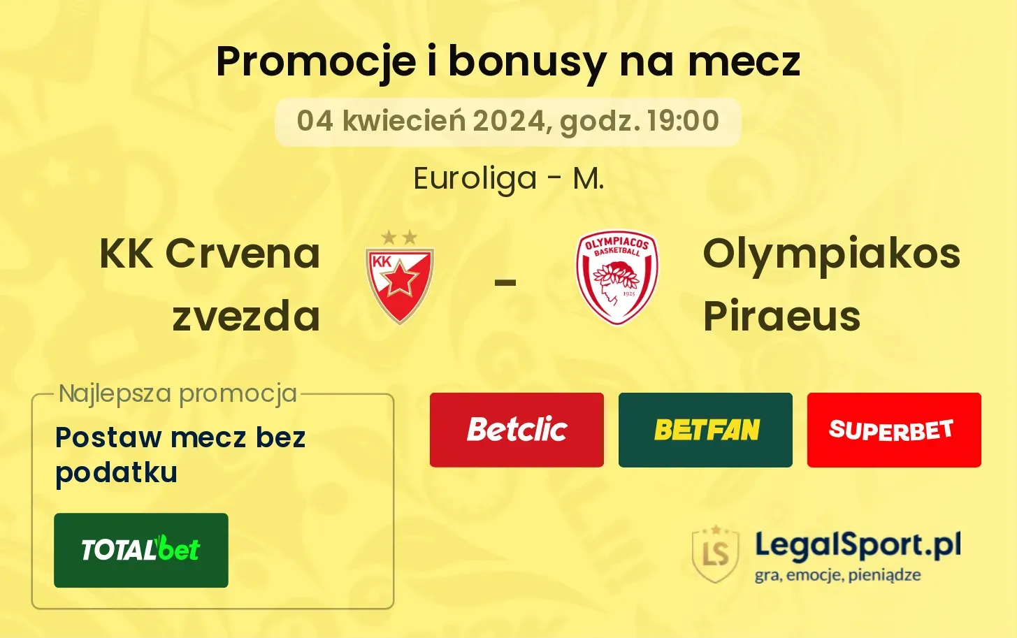 KK Crvena zvezda - Olympiakos Piraeus promocje bonusy na mecz