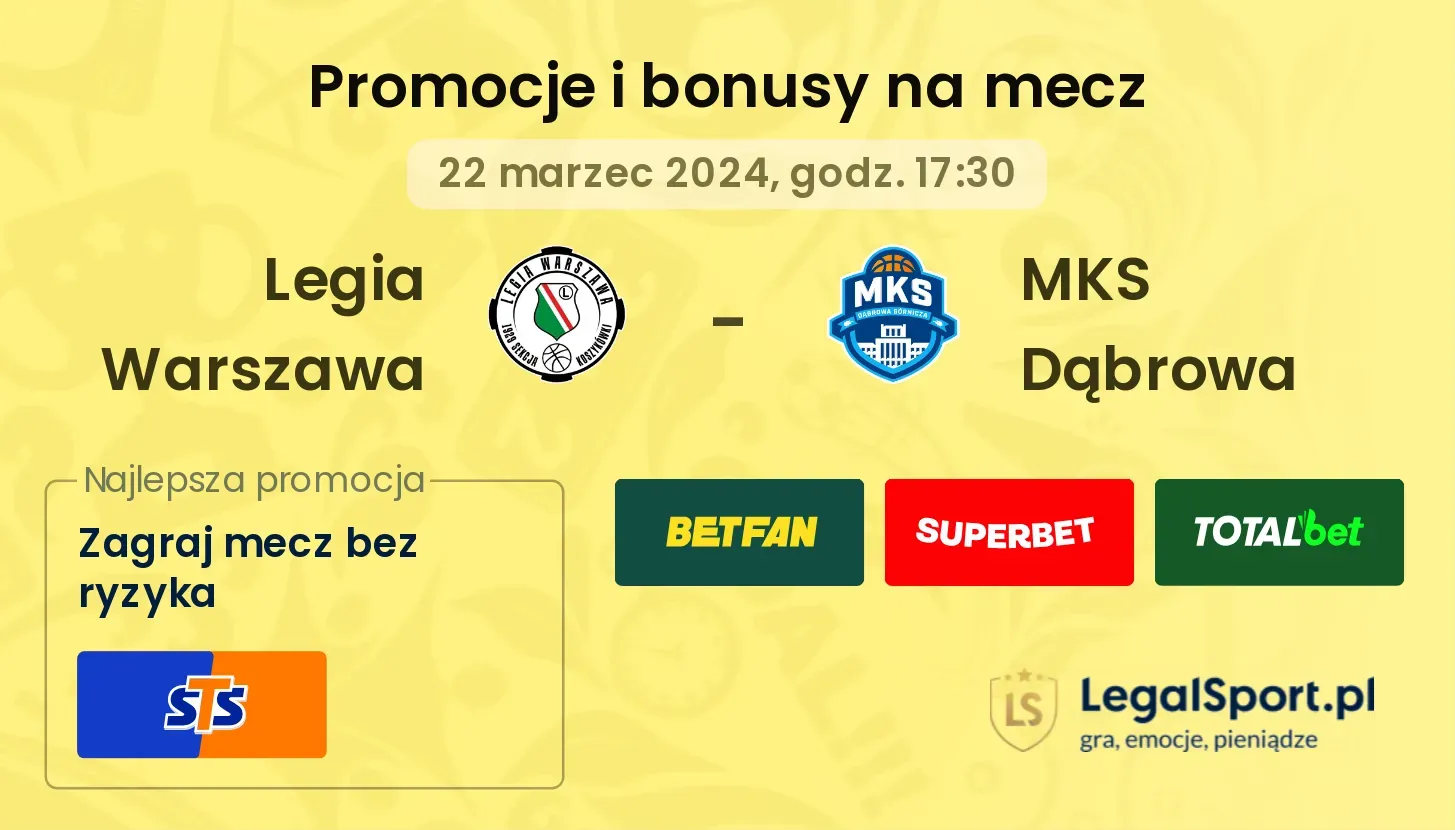Legia Warszawa - MKS Dąbrowa promocje bonusy na mecz