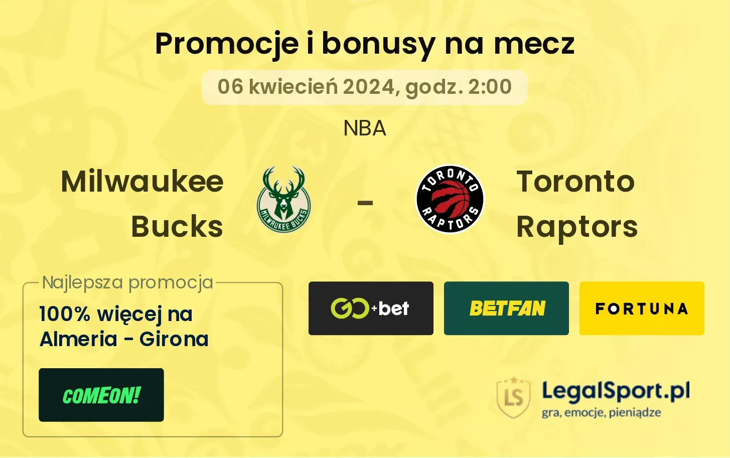 Milwaukee Bucks - Toronto Raptors promocje bonusy na mecz