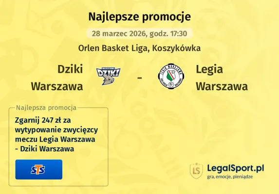 STS: 247 zł za wytypowanie zwycięzcy meczu Legia Warszawa - Dziki Warszawa