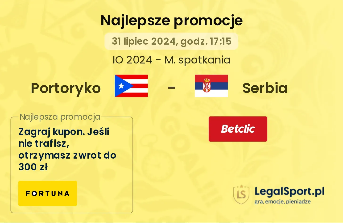 Portoryko - Serbia promocje u bukmacherów (31.07, 17:15)