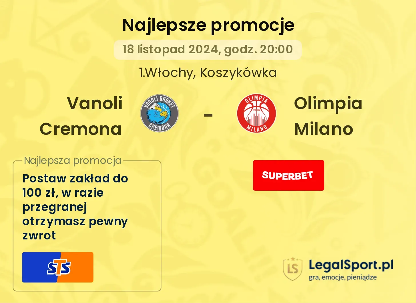 Vanoli Cremona - Olimpia Milano promocje u bukmacherów 18.11, 20:00