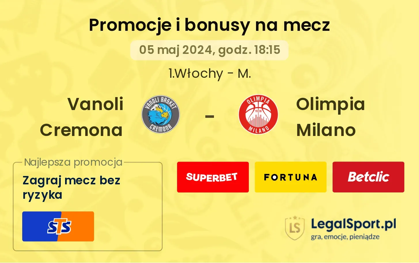 Vanoli Cremona - Olimpia Milano promocje bonusy na mecz