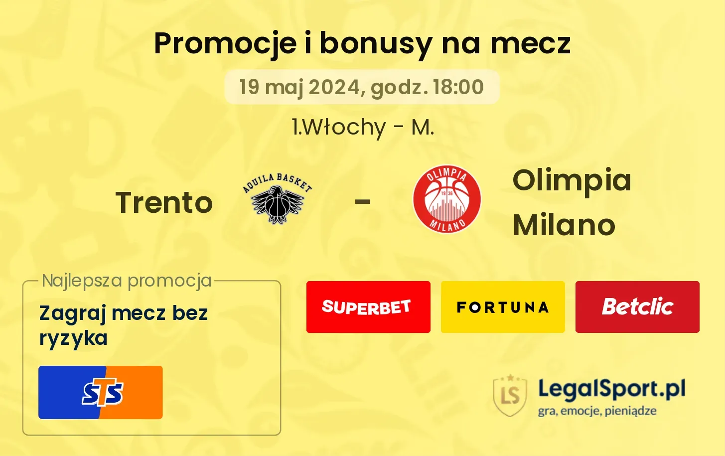 Trento - Olimpia Milano bonusy i promocje (19.05, 18:00)