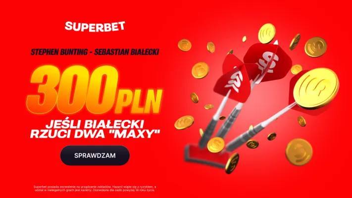 Bonus 300 PLN za minimum dwa „maxy” Sebastiana Białeckiego w meczu ze Stephenem Buntingiem na Mistrzostwach Świata PDC od Superbet