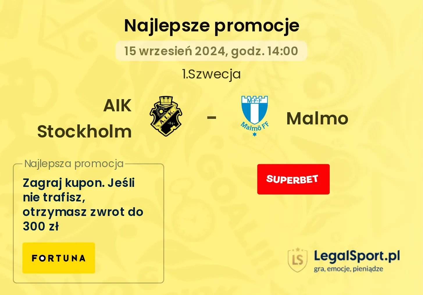 AIK Stockholm - Malmo promocje u bukmacherów 15.09, 14:00