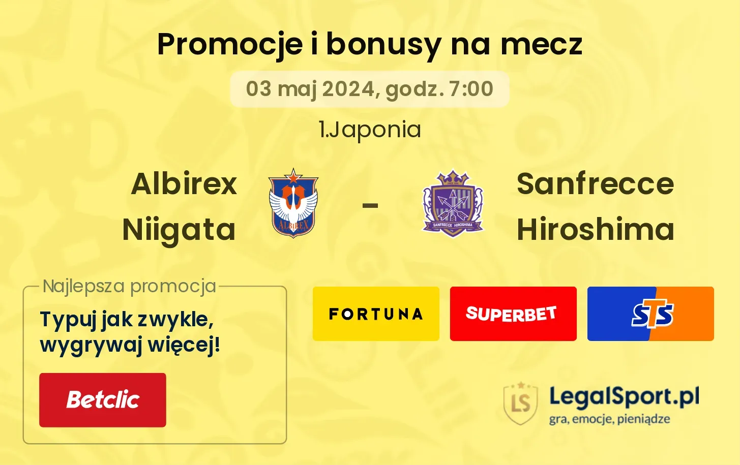 Albirex Niigata - Sanfrecce Hiroshima promocje bonusy na mecz
