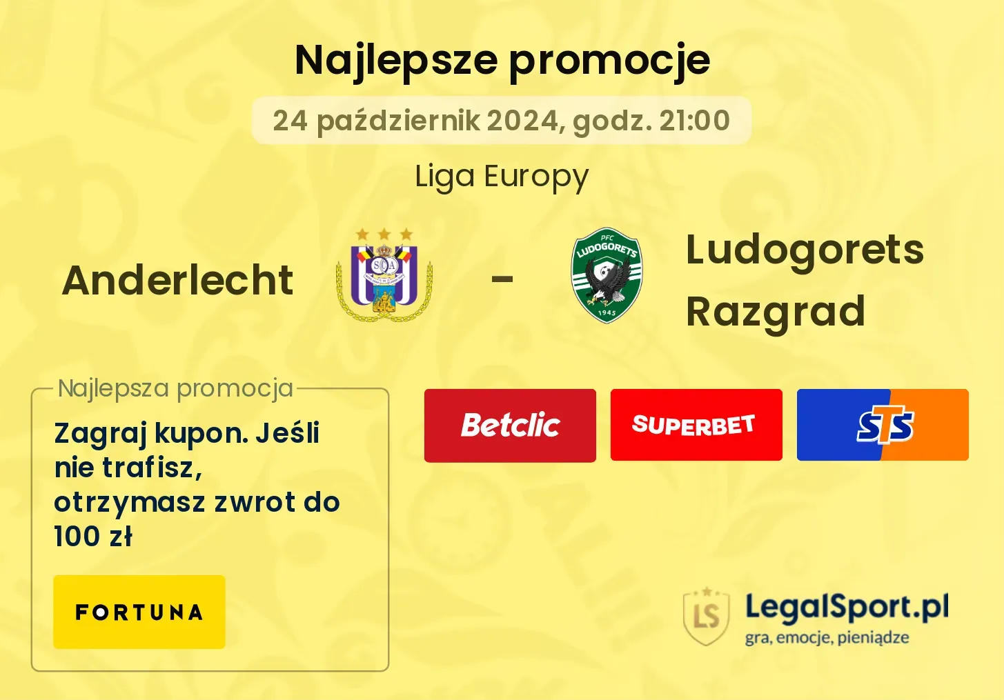 Anderlecht - Ludogorets Razgrad promocje u bukmacherów 24.10, 21:00