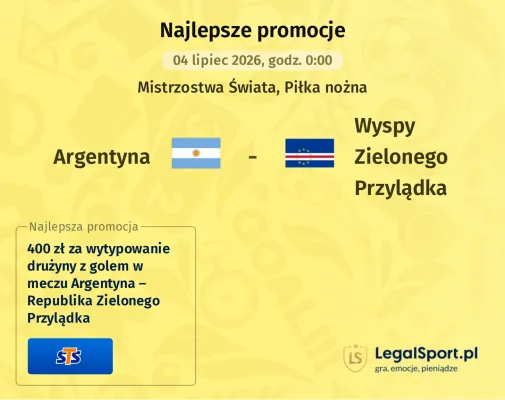 STS: 400 zł za wytypowanie drużyny z golem w meczu Argentyna – Republika Zielonego Przylądka